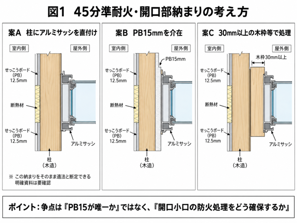 45分準耐火で1820mm柱芯に165サッシW1690を納める場合の基本寸法