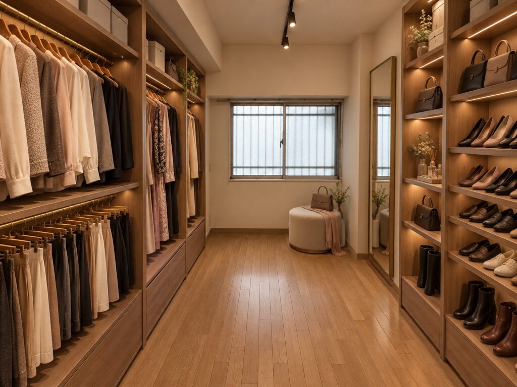 北側洋室をリノベーションした衣裳部屋。両側の壁に洋服と靴の収納棚、奥に姿見