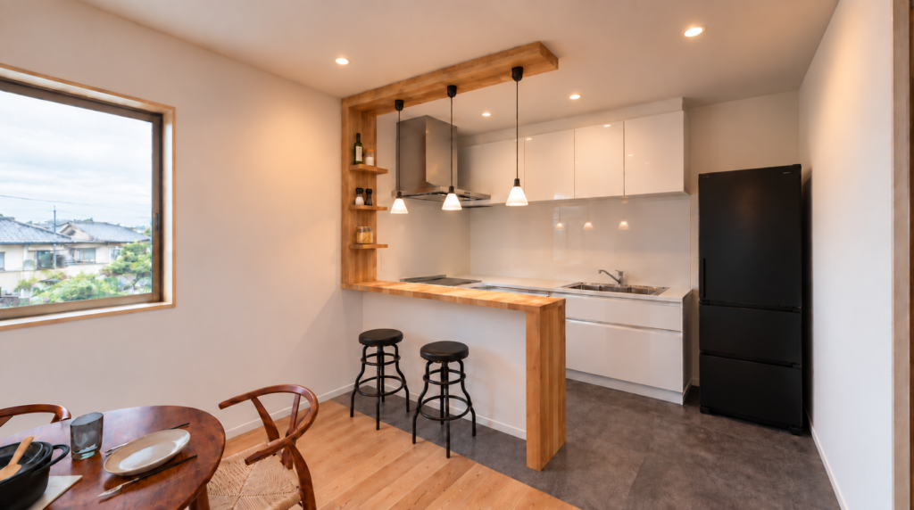 集成材の造作カウンターと小棚のあるキッチン