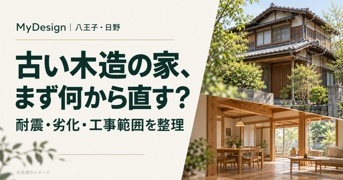 古い木造の家の改修を考える記事のアイキャッチ。耐震・劣化・工事範囲を整理するテーマのAI生成イメージ。