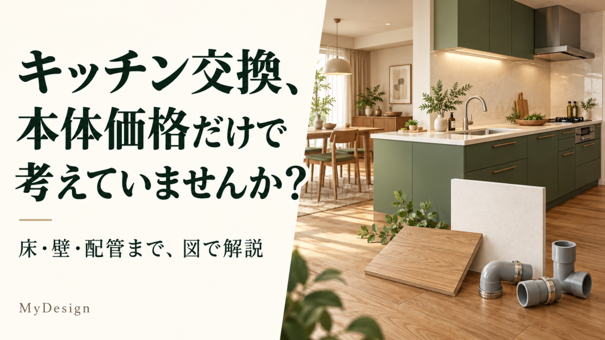 キッチン交換で本体価格のほかに床・壁・配管を確認することを伝える、キッチンと建材のイメージ