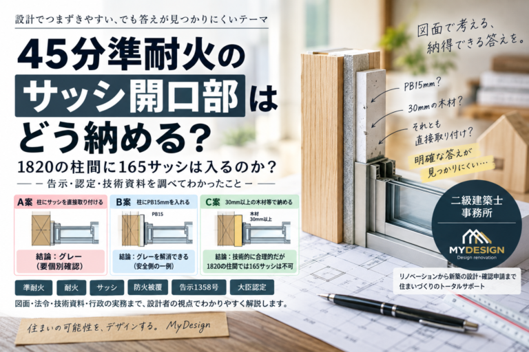 45分準耐火で1820芯に165サッシは入る？告示1358号・PB15mm・開口小口を実務検証