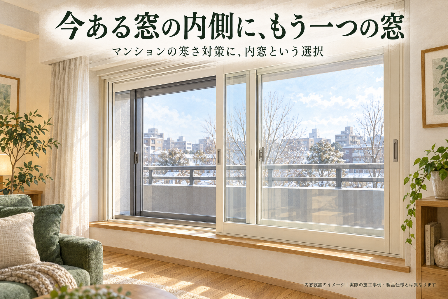 既存の窓の室内側にもう一つ窓を設置した、マンションの内窓のイメージ